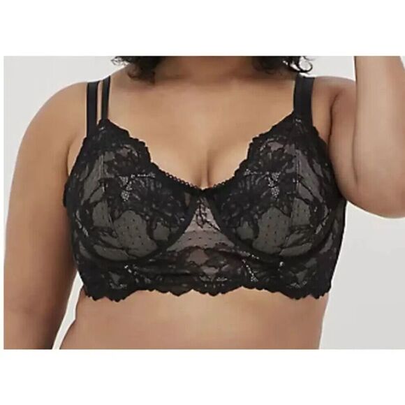 Torrid Women's Longline Bra Black 4 Floral Unlined Underwire Dot Lace Bralette - Picture 1 of 10